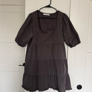 Square Neck Tiered Babydoll Dress - Dark Grey
